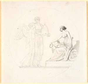 A young woman with a beehive leads a winged young man towards a seated female figure by Nicolai Abildgaard