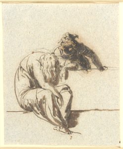 In the Foreground a Seated Bent Female Figure, Behind a Parapet Another Leans Forward Towards Her