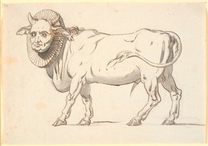 Caricature of a Clergyman, in the Form of a Bull with a Human Face and a Ruff around the Neck by Nicolai Abildgaard