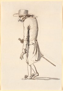Caricature of a Hunched Man Walking to the Left with a Cane in His Right Hand