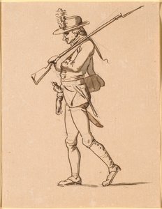 Caricature of a Soldier in Profile to the Left. His Left Arm is in a Sling but Still Carries a Rifle.