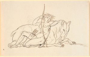 Female Figure with Arrows and Quiver, Sitting Leaning Against a Fantasy Animal (Possibly an Anteater). Allegory of America by Nicolai Abildgaard