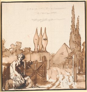 The Goal of Life. Allegorical Drawing. A Woman Opens the Gate to a Cemetery with a Metaphor and Pyramid by Nicolai Abildgaard