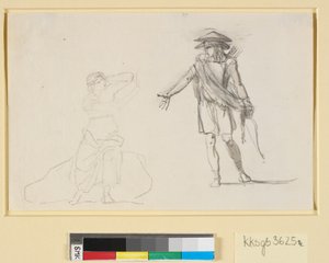 Scene Between Two Figures. To the Left a Seated Woman with Bare Upper Body, to the Right a Walking Man with Bow and Quiver by Nicolai Abildgaard