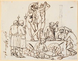 Satire of the police and the lottery being housed at Charlottenborg together with the Art Academy. People from the lottery and watchmen are seen together with the three graces by Nicolai Abildgaard