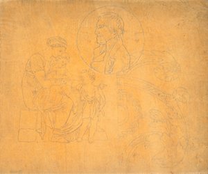 Seated Woman with Two Children and Profile Portrait in Circular Composition by Nicolai Abildgaard