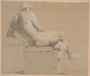 Seated Model with Headscarf. Sitting on Plinth with Pillow. Facing Right. Leaning Back Against a Higher Plinth, on Which the Left Arm Rests. Legs Crossed by Nicolai Abildgaard