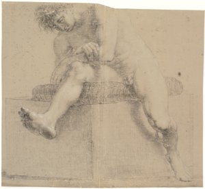 Seated Model on Low Plinth with Pillow. Arms Crossed. Left Leg Bent, Right Leg Extended by Nicolai Abildgaard
