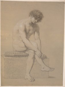 Seated Model on Low Plinth with Cushion. Turned to the Right. Hanging Arms. Crossed Legs by Nicolai Abildgaard