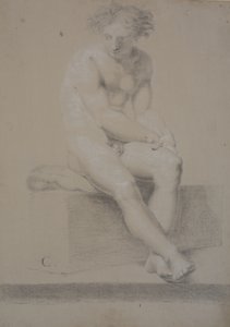 Seated Model on Plinth with Pillow. Hands Meeting Over Left Thigh. Feet Crossed by Nicolai Abildgaard