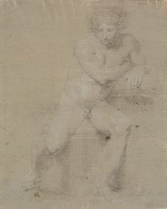 Seated Model on Plinth with Cushion. Seen from the Front. Right Hand Under Left Armpit