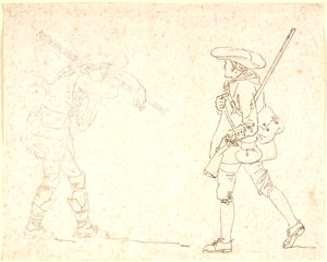 Two Walking Male Figures, One Dressed as a Hunter, the Other Carrying a Bundle of Sticks by Nicolai Abildgaard