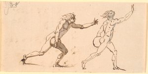 Two Naked Men Running to the Right, Each with a Large Stone in One Hand, and a Sketch of a Face in Profile by Nicolai Abildgaard