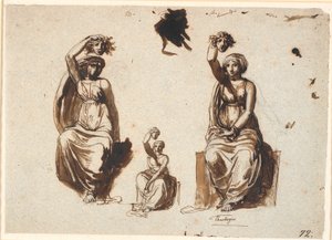 Three Studies for an Allegorical Seated Female Figure with a Raised Medusa Head in the Right Hand by Nicolai Abildgaard