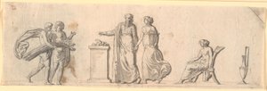 Draft for Decoration of a Field, Probably a Painted Wooden Panel on a Piece of Furniture. Antique Figures with Flower Baskets and Sheaves by an Altar by Nicolai Abildgaard