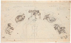 Draft for a relief of a semicircular field; in the middle a woman offering at a tripod, around are some zodiac signs by Nicolai Abildgaard