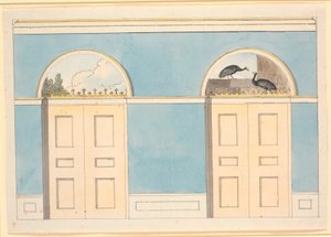 Draft for Wall Decoration with Semi-Circular Fields Above Two Doors, on Blue Walls by Nicolai Abildgaard