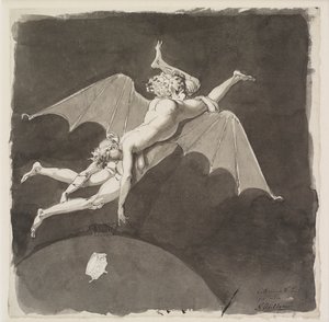 Catherine the Great, naked, flying away from the Earth on the Back of a Man with Bat Wings, 18th century by Nicolai Abraham Abildgaard