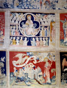 Curtain of Revelation: God and the Lamb, symbol of Christ. Below, the three angels liberate the powers by Nicolas Bataille