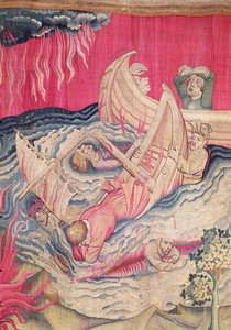 The Second Trumpet and the Shipwreck, detail of the sinking ships, number 21 from The Apocalypse of Angers, 1373-87 by Nicolas Bataille