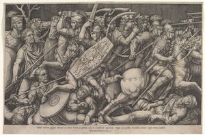 Roman Soldiers Fighting Against Dacians, Battle Scene in Shallow Depth with Horses by Nicolas Beatrizet