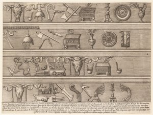Speculum Romanae Magnificentiae: Sacrificial Instruments Based on Ancient Reliefs, ca. 1550-75 by Nicolas Beatrizet.