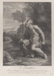 Saint Jerome Seated by a Tree Looking Up at a Crucifix, a Lion Drinking Water from a Stream by Nicolas Chateau