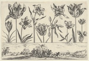 Horizontal Panel with a Row of Flowers Above a Frieze with a Battle Scene in a Landscape by Nicolas Cochin