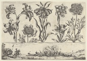 Horizontal Panel with a Row of Flowers Above a Frieze with a Battle Scene in a Landscape by Nicolas Cochin