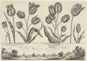 Horizontal Panel with a Row of Flowers Above a Frieze with a Hunting Scene in a Landscape by Nicolas Cochin