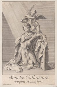 Saint Catherine of Alexandria, kneeling with her elbow resting on the spiked wheel by Nicolas Dorigny