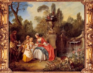 A Woman in a Garden Having Coffee with Children or a Cup of Chocolate