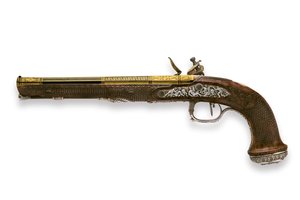 One of a pair of silver-mounted rifled flintlock pistols, Versailles