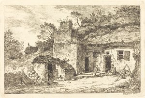 A Cottage with Two Men Seated at the Doorway by Nicolas Perignon