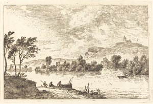 River Landscape with Figures and a Boat at Water