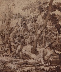 A Wooded Landscape with a River God and Putti by Nicolas Poussin