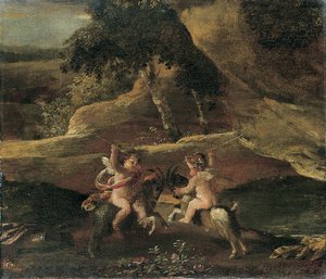 Putti Fighting on Goats by Nicolas Poussin