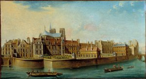 View of the Ile de la Cite with the apse of the Cathedrale Notre Dame and the Quai aux Fleurs from the Ile Saint Louis in Paris