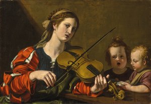 A Woman Playing the Violin with Two Children Singing