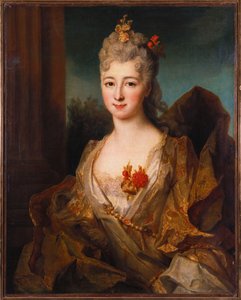 Portrait of a Lady, Half Length, in a White and Gold Embroidered Dress, with Flowers in Her Hair by Nicolas de Largillière