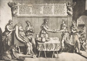 Venerable Idleness, Queen of Cockaigne, a fat woman seated on a movable toilet chair