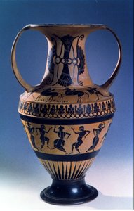 Attic black figure amphora depicting dancers, c.535-38 BC