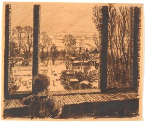 A Boy at a Window with a View of Garden and Field