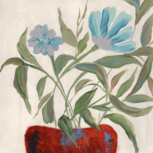 Blue Flowers Red Pot by Nikita Jariwala