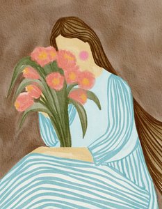 Shy Woman Pink Tulips by Nikita Jariwala