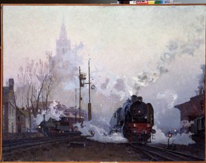 On the Way. Steam locomotives drown the urban landscape in the smoke from their chimneys by Nikolai Dmitrievich Kuznetsov