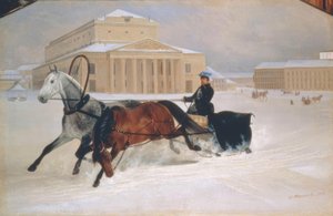 Horse-Drawn Sleigh in Front of the Bolshoi Theater in Moscow by Nikolai Jegorowitsch Swertschkow