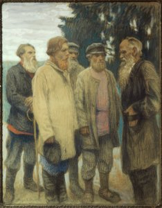 Leo Tolstoy with Peasants / Pastel by Bogdanov-Belsky