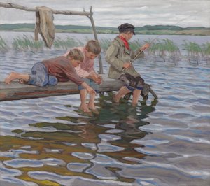 Boys Fishing off a Pier by Nikolai Petrovich Bogdanov Belsky