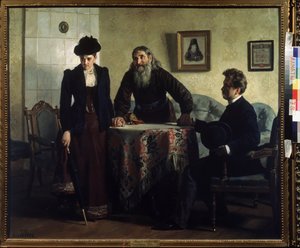 An Admonition. A couple in marital crisis visits an Orthodox priest and receives a moral lesson. Painting by Nikolai Vasilyevich Nevrev (1830-1904)